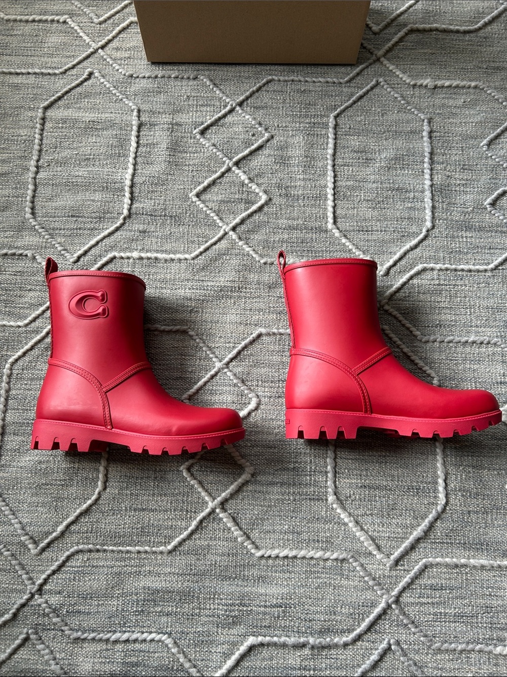 Coach Ryder Mid-Calf Ruby Red Rain Boots with Embossed C - Picture 3 of 13